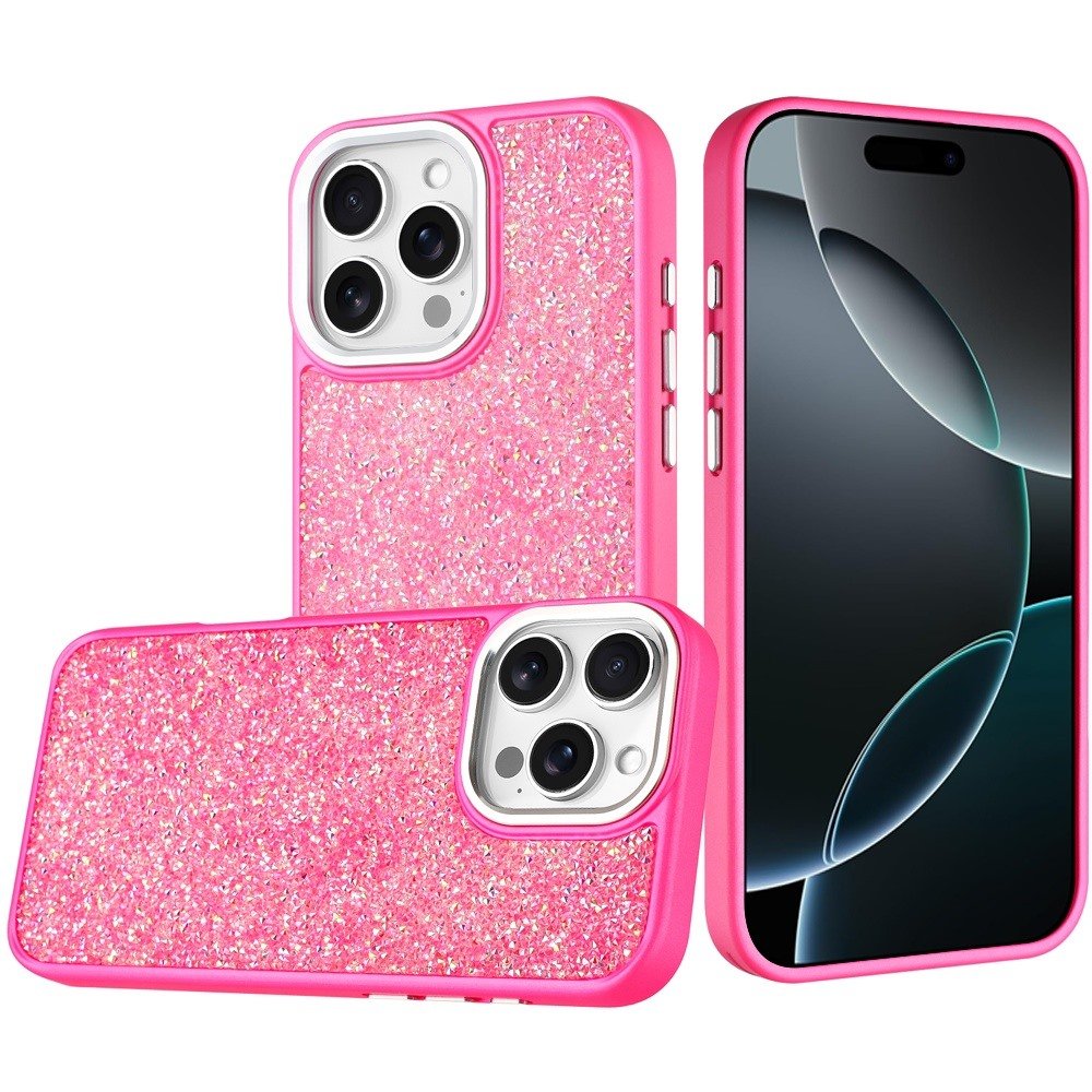 for iphone 16 pro max 6.9 crystal glass diamond with metallic buttons and edges hybrid case hot pink