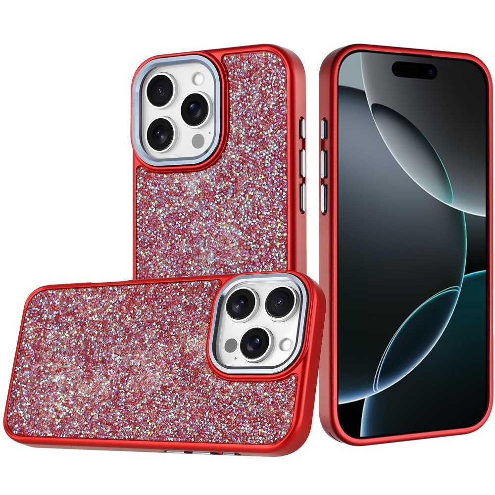 for iphone 16 pro max 6.9 crystal glass diamond with metallic buttons and edges hybrid case red