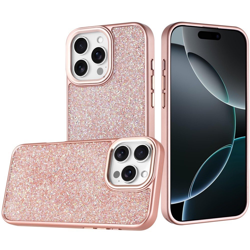 for iphone 16 pro max 6.9 crystal glass diamond with metallic buttons and edges hybrid case rose gold