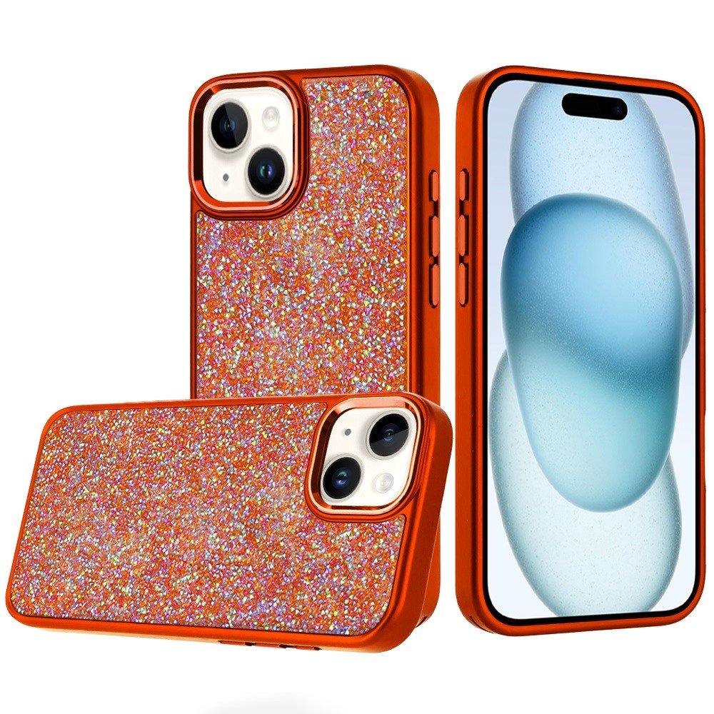 for iphone 15 plus/iphone 14 plus crystal glass diamond with metallic buttons and edges hybrid case cosmic orange