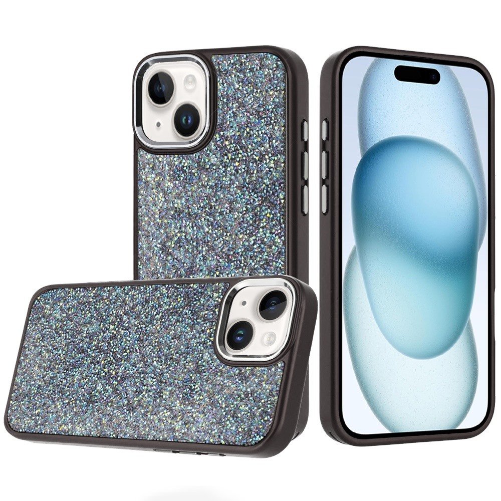 for iphone 15 crystal glass diamond with metallic buttons and edges hybrid case black