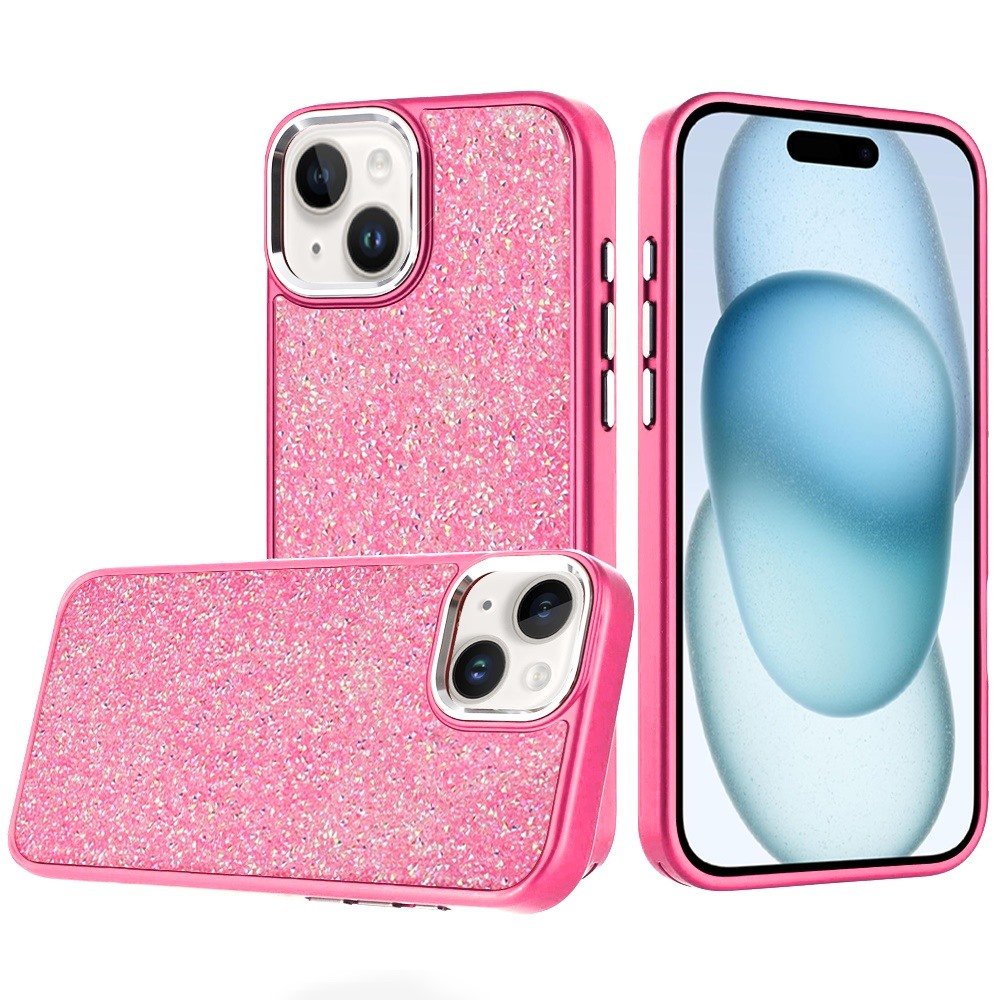 for iphone 15 crystal glass diamond with metallic buttons and edges hybrid case hot pink