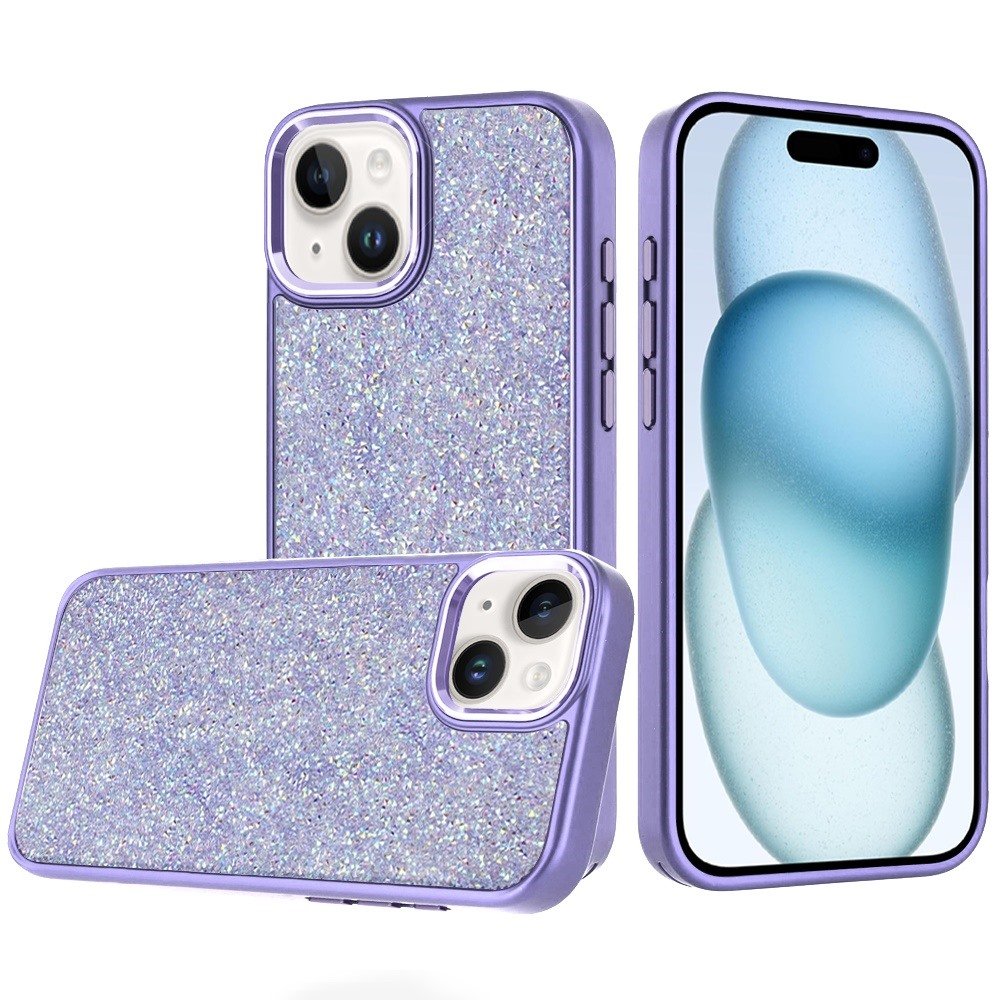 for iphone 15 crystal glass diamond with metallic buttons and edges hybrid case dark purple