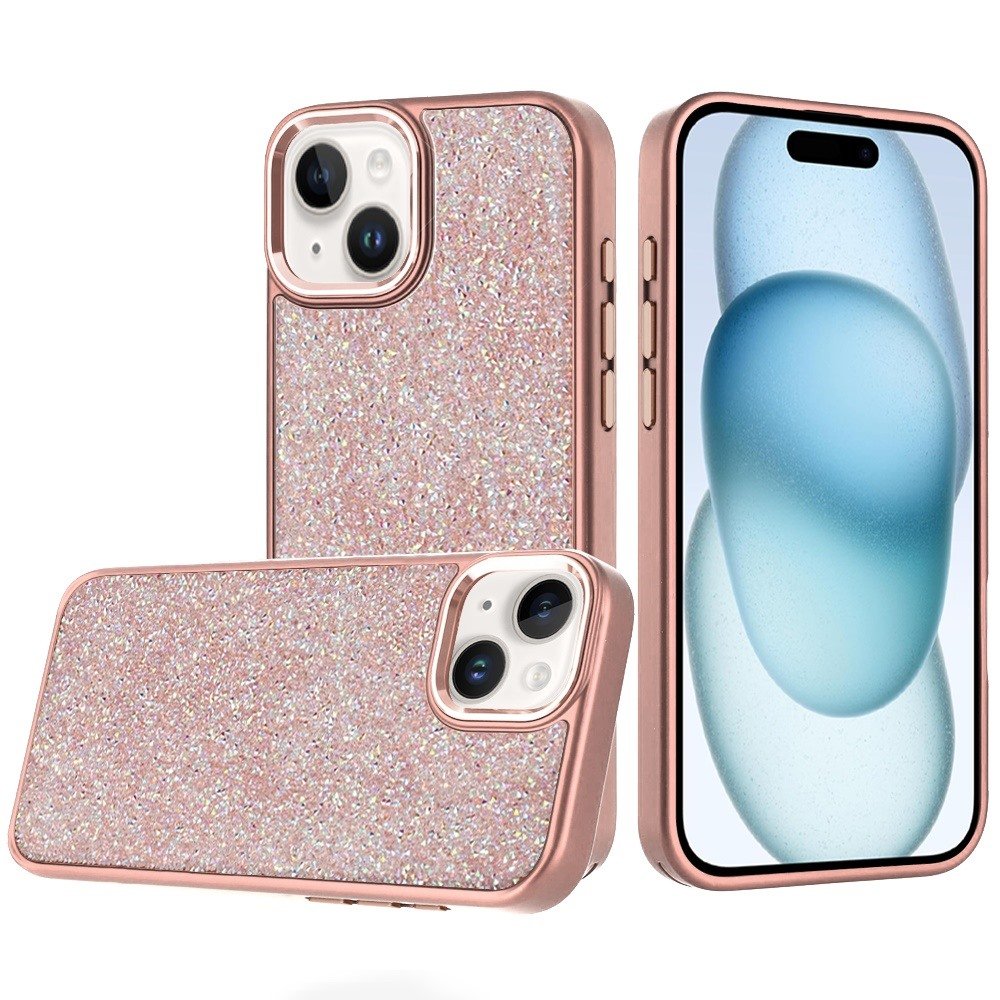 for iphone 15 crystal glass diamond with metallic buttons and edges hybrid case rose gold