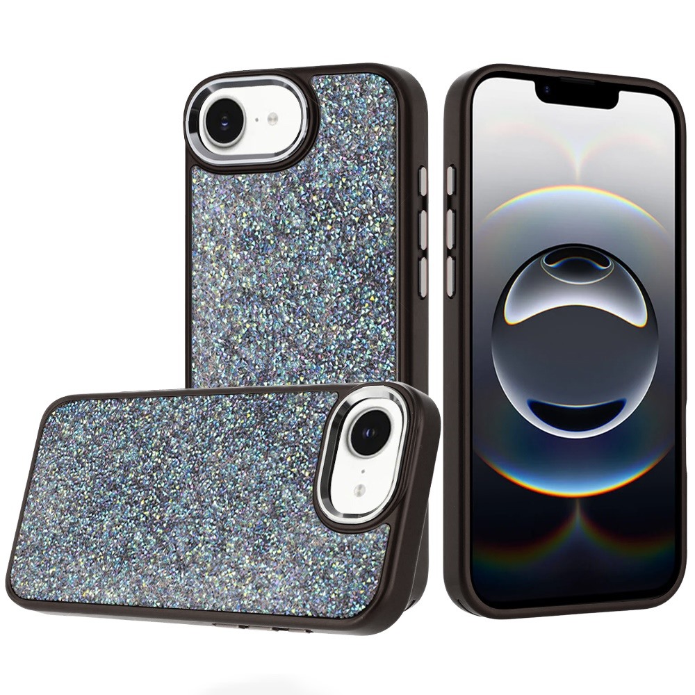 for iphone 17e / 16e / se4 crystal glass diamond with metallic buttons and edges hybrid case black