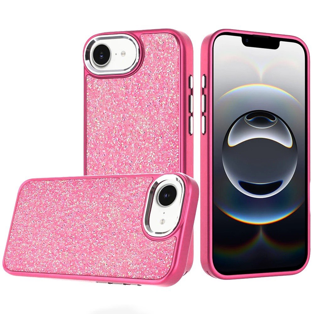 for iphone 17e / 16e / se4 crystal glass diamond with metallic buttons and edges hybrid case hot pink