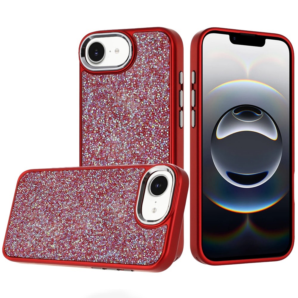 for iphone 17e / 16e / se4 crystal glass diamond with metallic buttons and edges hybrid case red