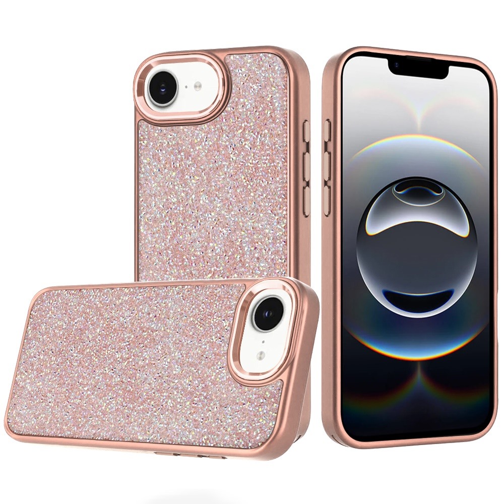 for iphone 17e / 16e / se4 crystal glass diamond with metallic buttons and edges hybrid case rose gold