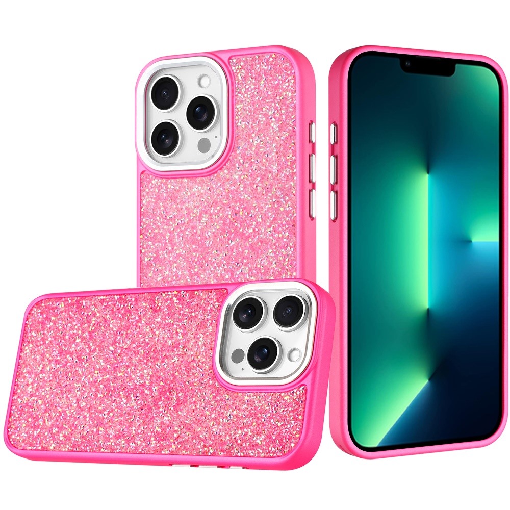 for iphone 13 pro max crystal glass diamond with metallic buttons and edges hybrid case hot pink