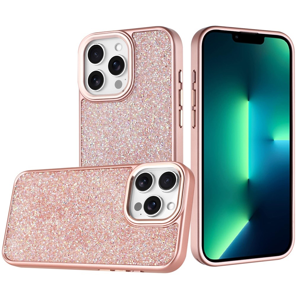 for iphone 13 pro max crystal glass diamond with metallic buttons and edges hybrid case rose gold