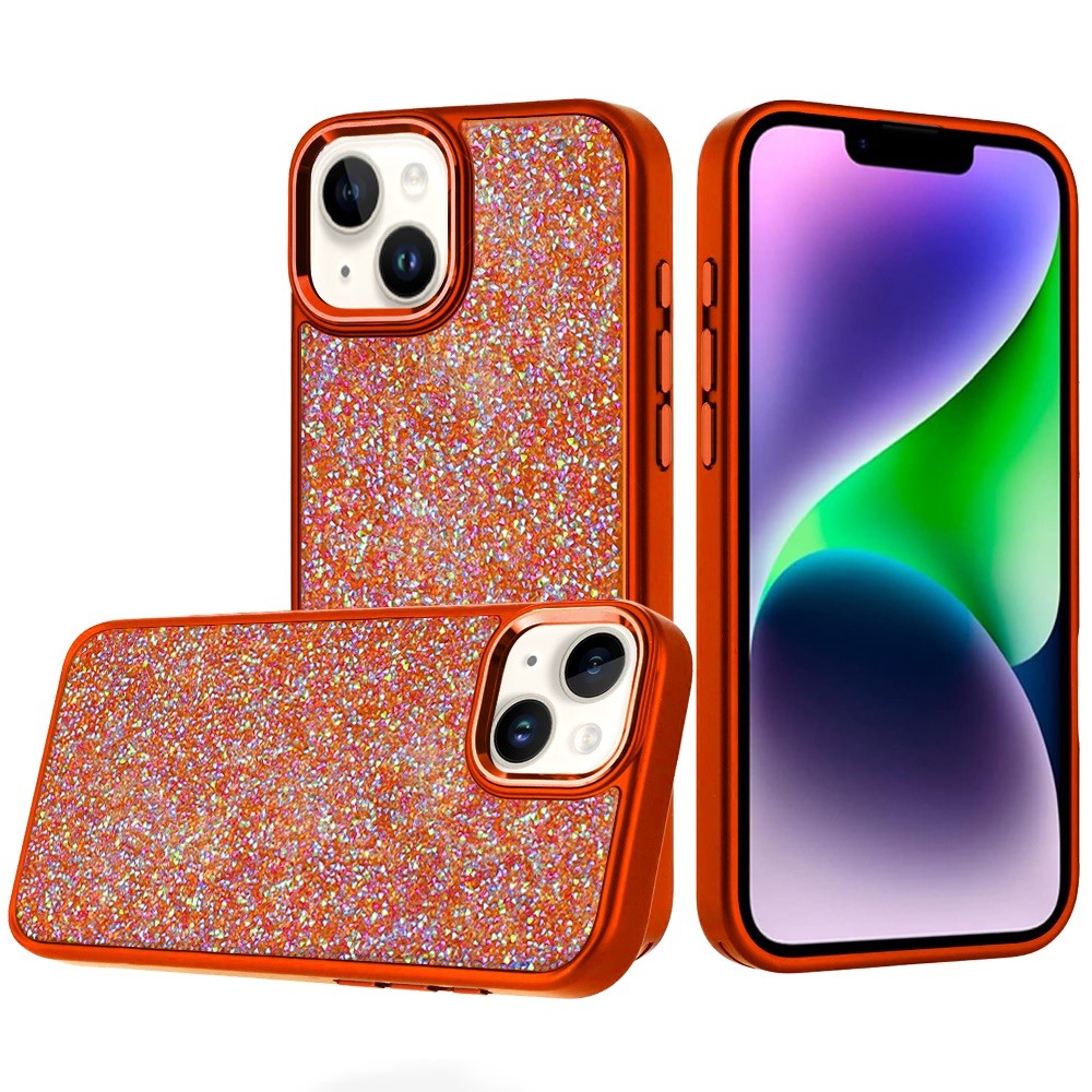 for iphone 13/14 crystal glass diamond with metallic buttons and edges hybrid case cosmic orange