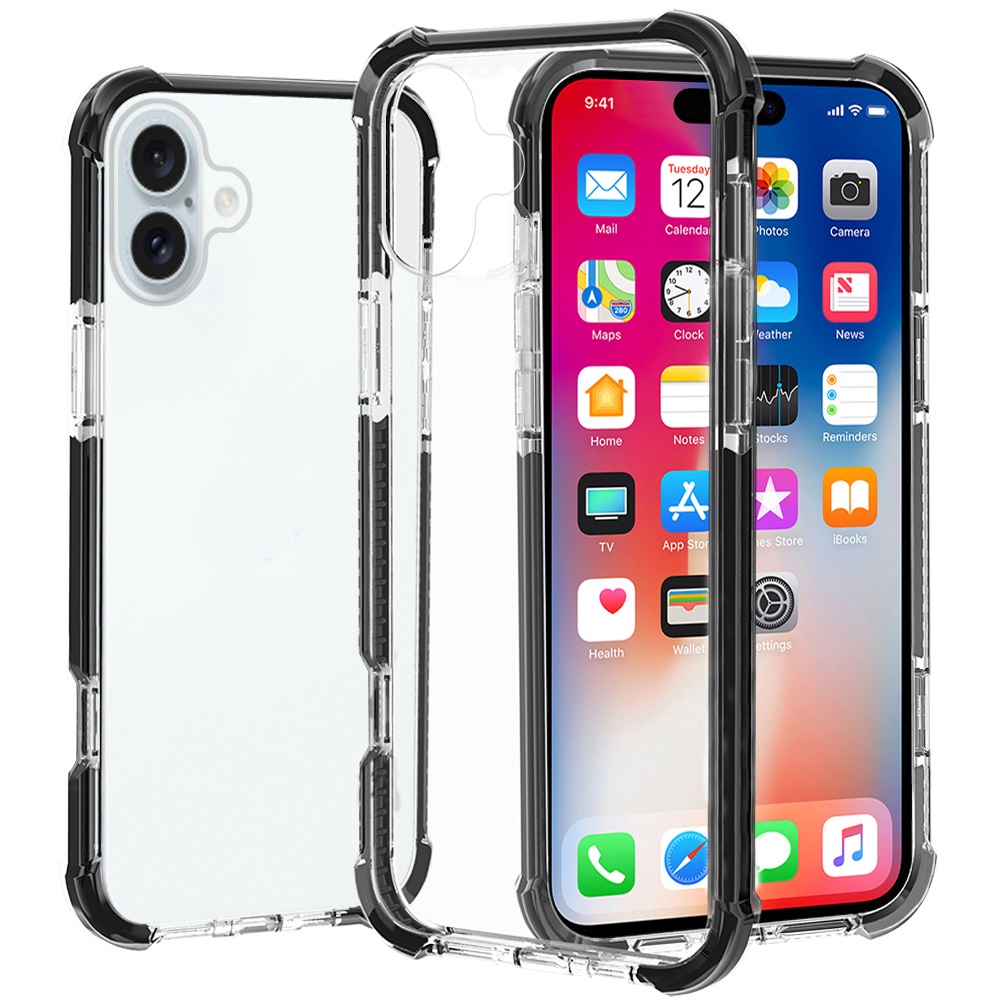 for iphone 16 plus 6.7 inch acrylic tough 2.5mm transparent shockproof hybrid case cover black