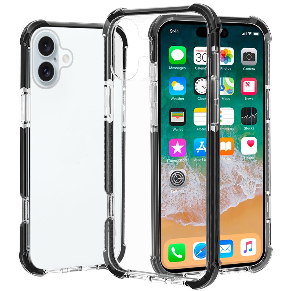 for iphone 16 6.1 inch acrylic tough 2.5mm transparent shockproof hybrid case cover black