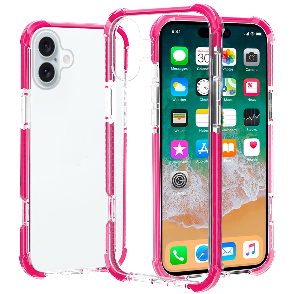 for iphone 16 6.1 inch acrylic tough 2.5mm transparent shockproof hybrid case cover hot pink