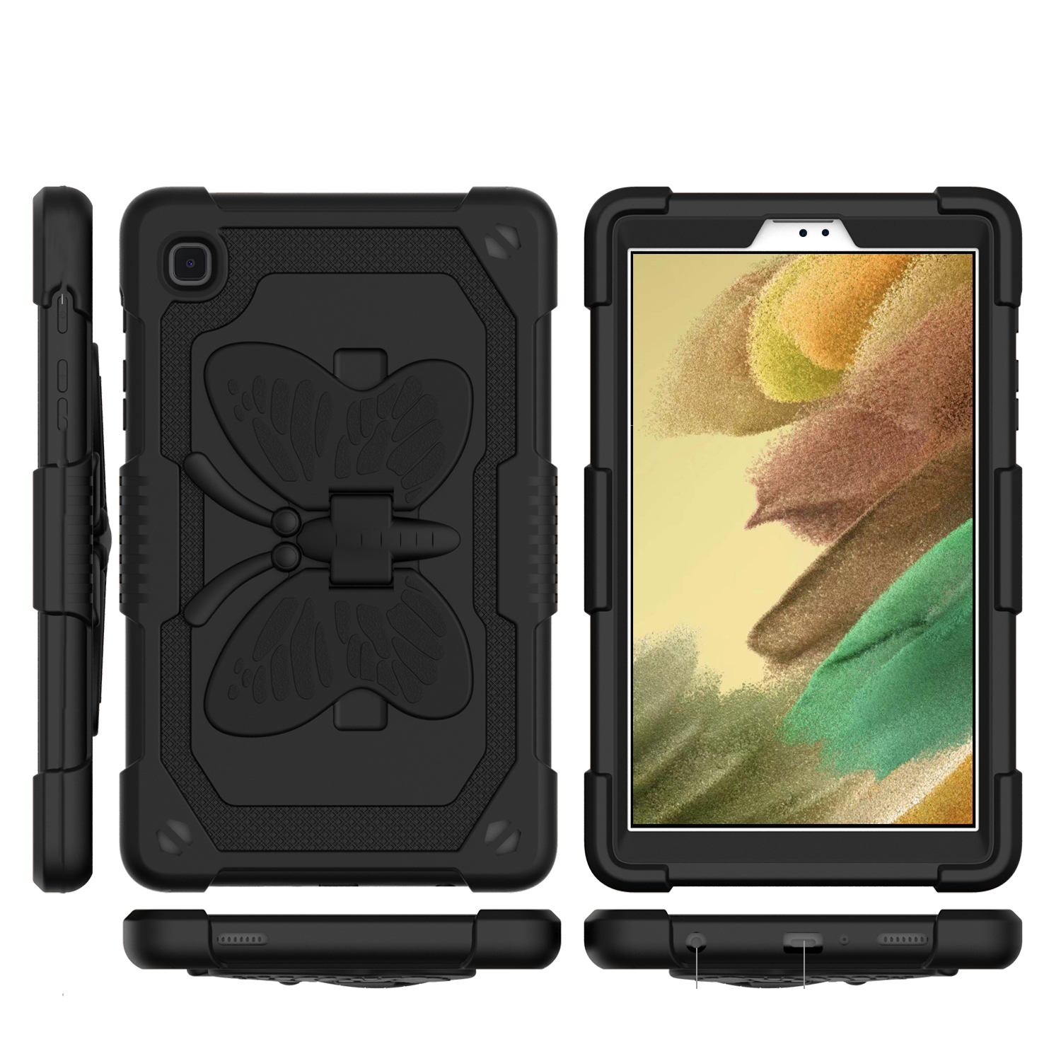 for samsung galaxy tab a7 lite 8.7 inch butterfly kickstand 3in1 tough hybrid case cover with shoulder strap black/black