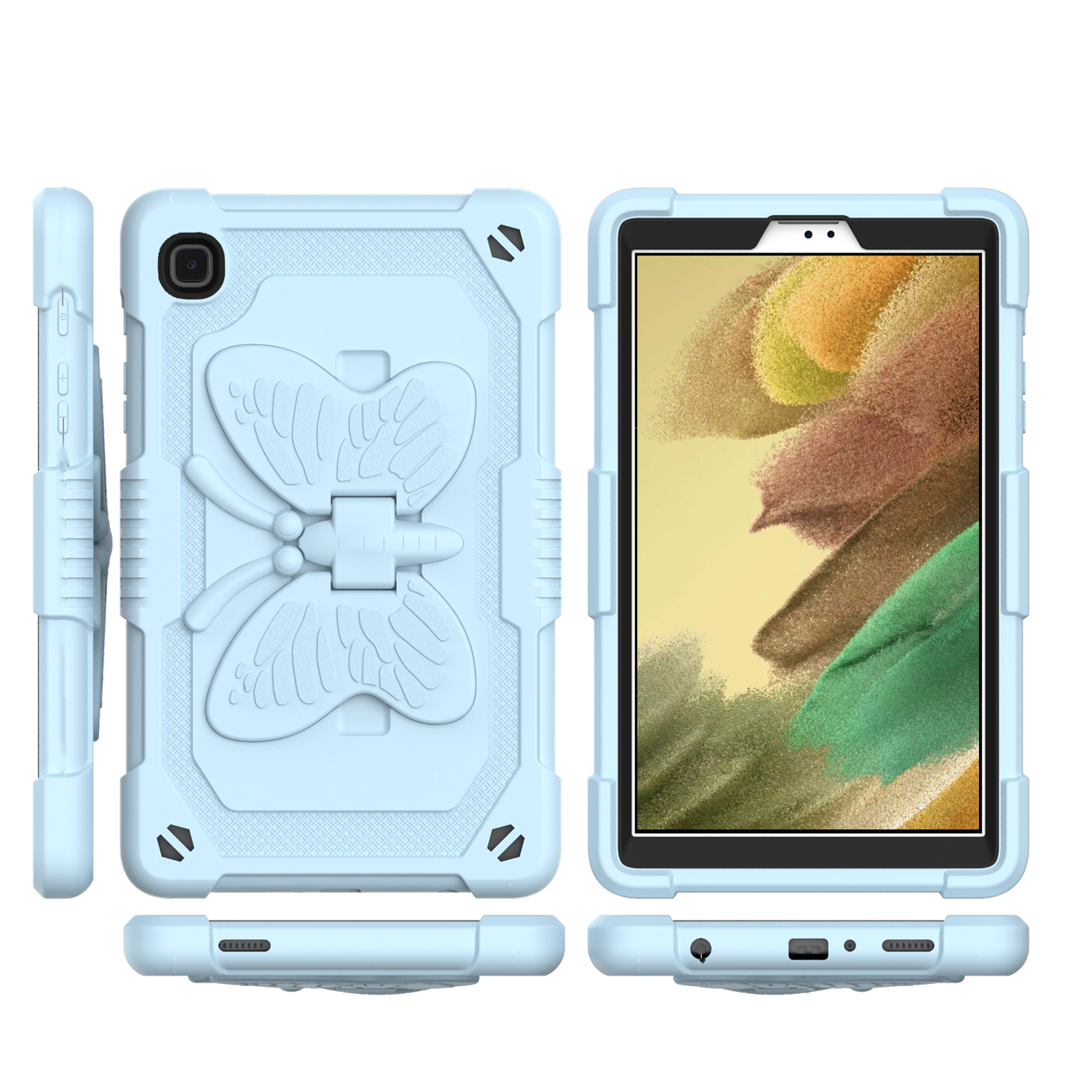 for samsung galaxy tab a7 lite 8.7 inch butterfly kickstand 3in1 tough hybrid case cover with shoulder strap light blue