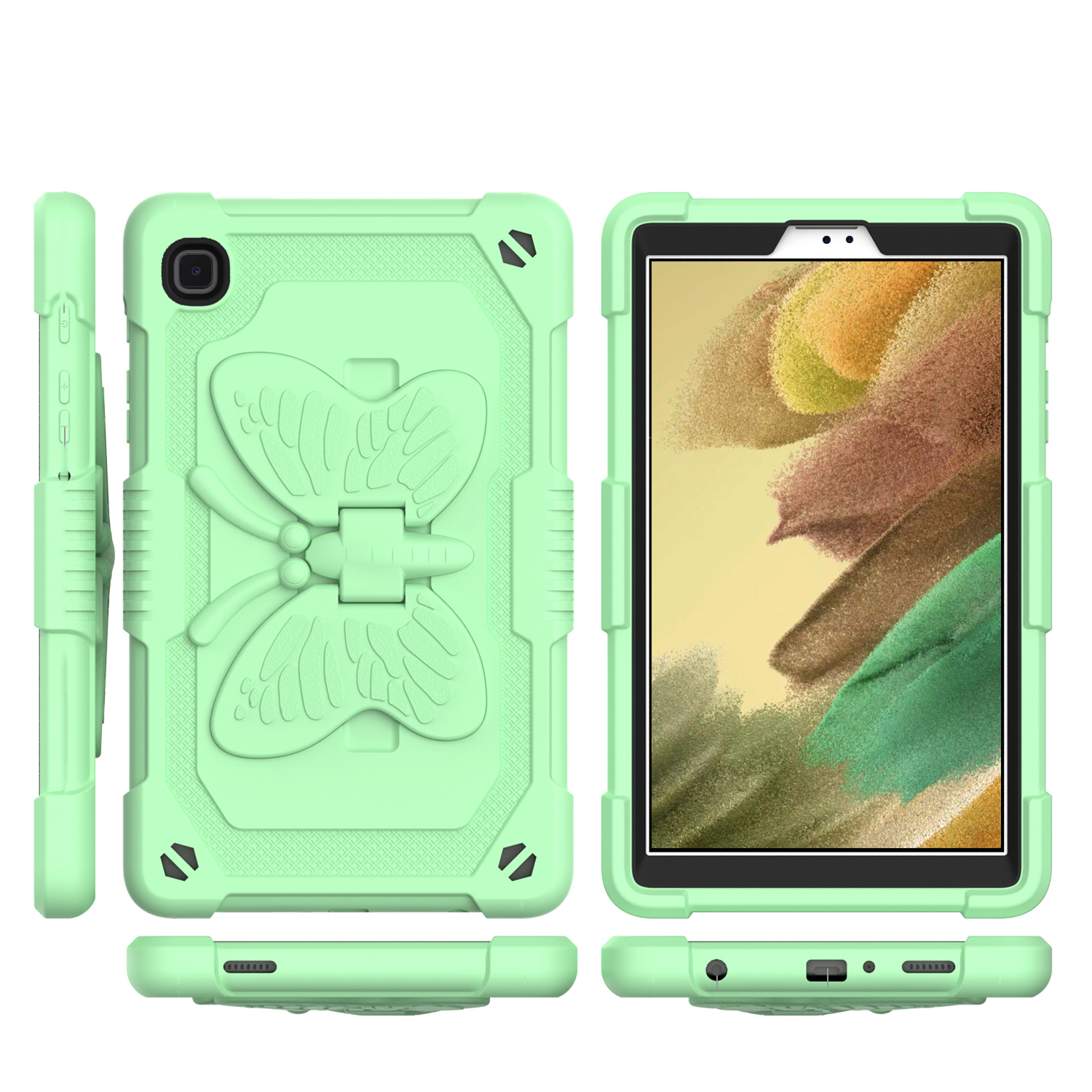for samsung galaxy tab a7 lite 8.7 inch butterfly kickstand 3in1 tough hybrid case cover with shoulder strap light green