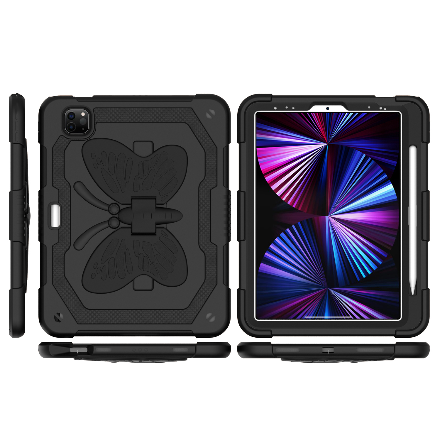 for apple ipad (a16) 2025 / ipad 10th gen 10.9 inch butterfly kickstand 3in1 tough hybrid case cover with shoulder strap black/black
