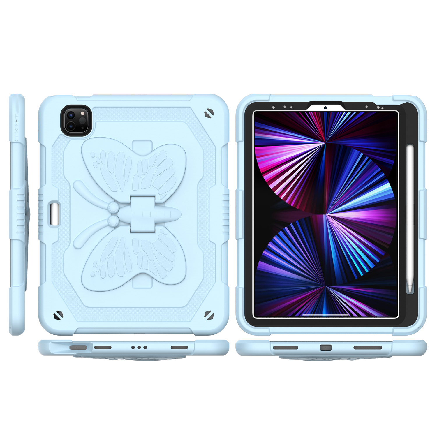 for apple ipad (a16) 2025 / ipad 10th gen 10.9 inch butterfly kickstand 3in1 tough hybrid case cover with shoulder strap light blue
