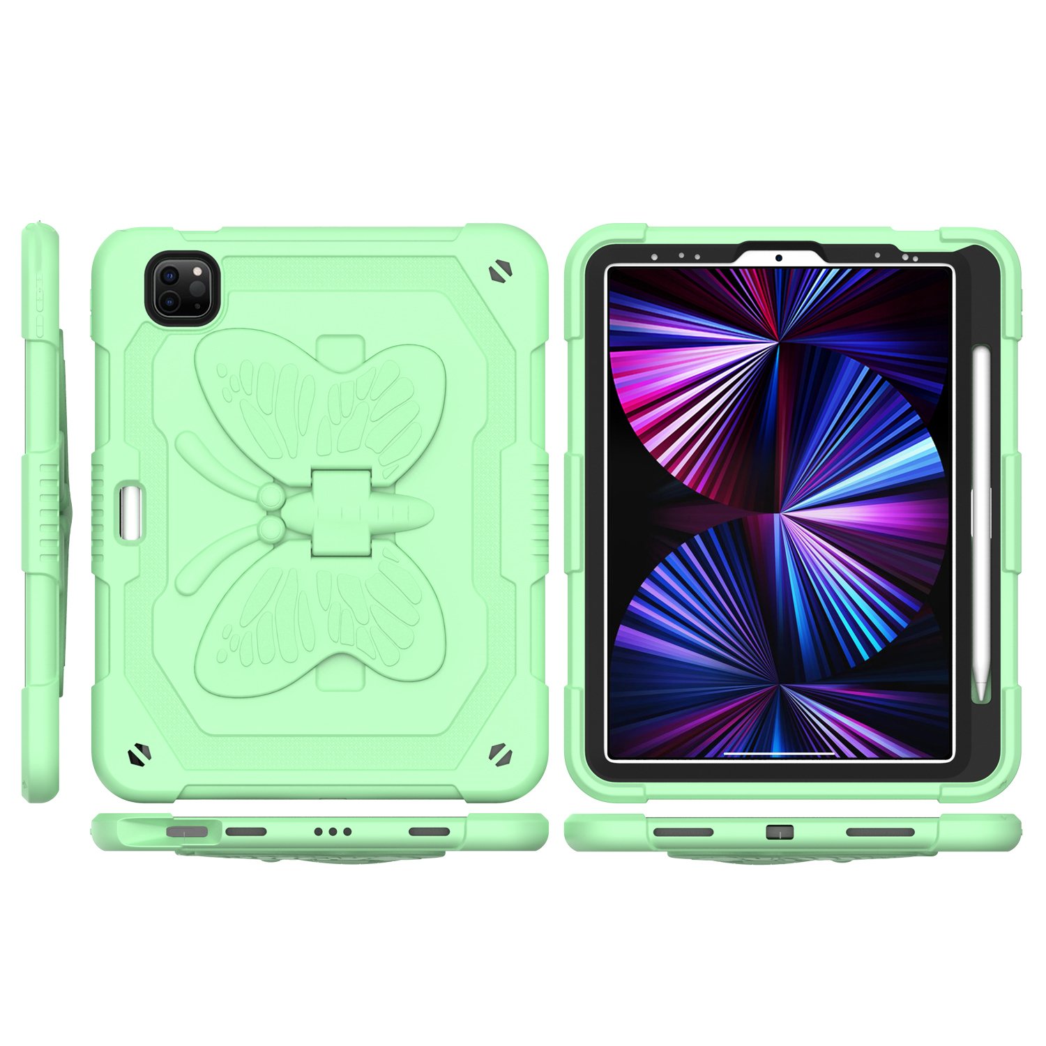 for apple ipad (a16) 2025 / ipad 10th gen 10.9 inch butterfly kickstand 3in1 tough hybrid case cover with shoulder strap light green