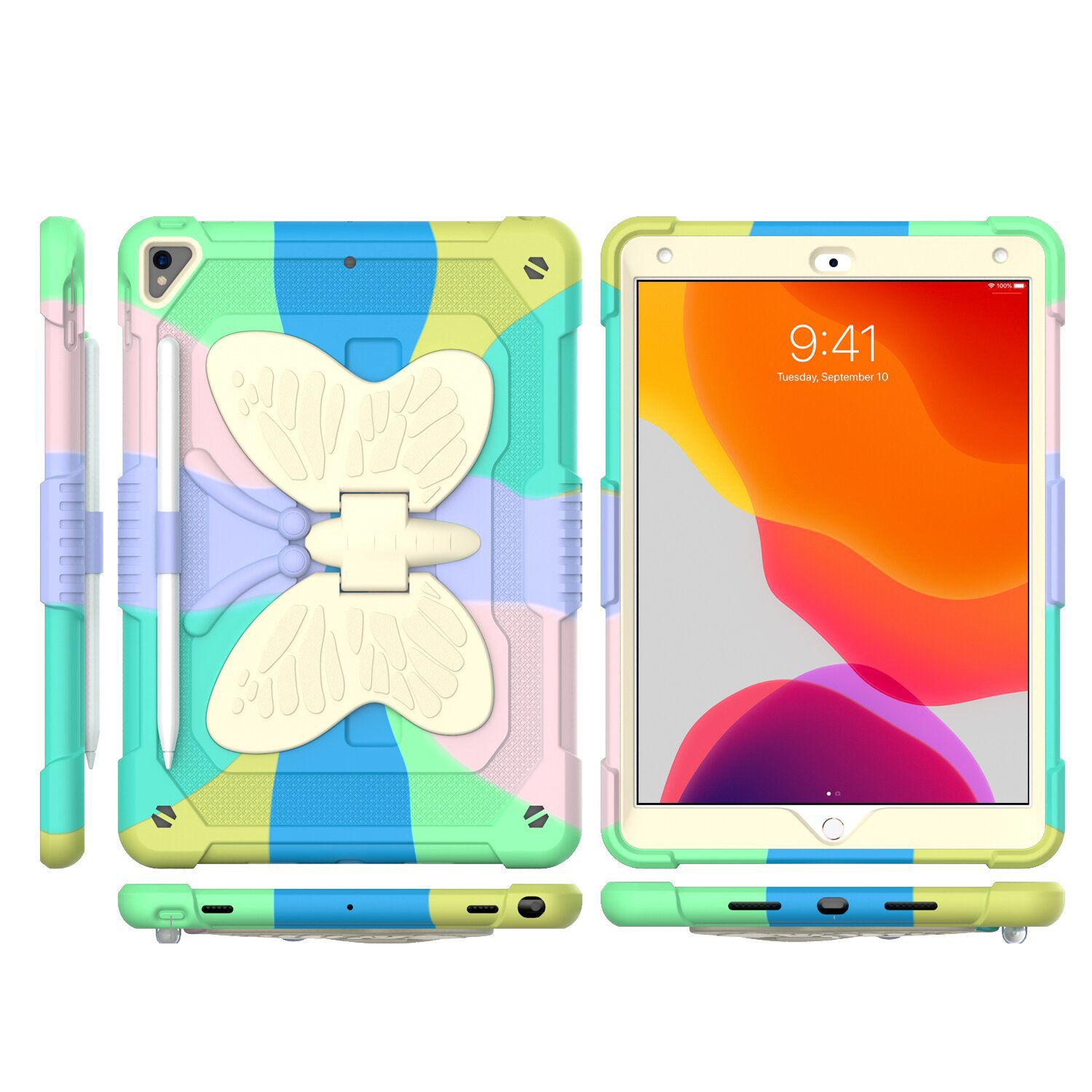 for apple ipad 9th gen 10.2 inch (2021) butterfly kickstand 3in1 tough hybrid case cover with shoulder strap colorful green