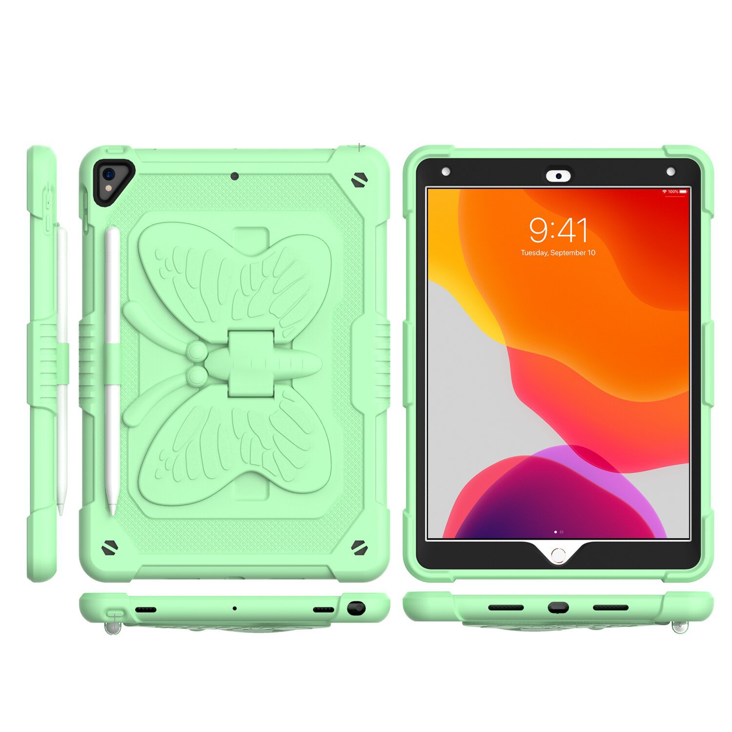 for apple ipad 9th gen 10.2 inch (2021) butterfly kickstand 3in1 tough hybrid case cover with shoulder strap light green