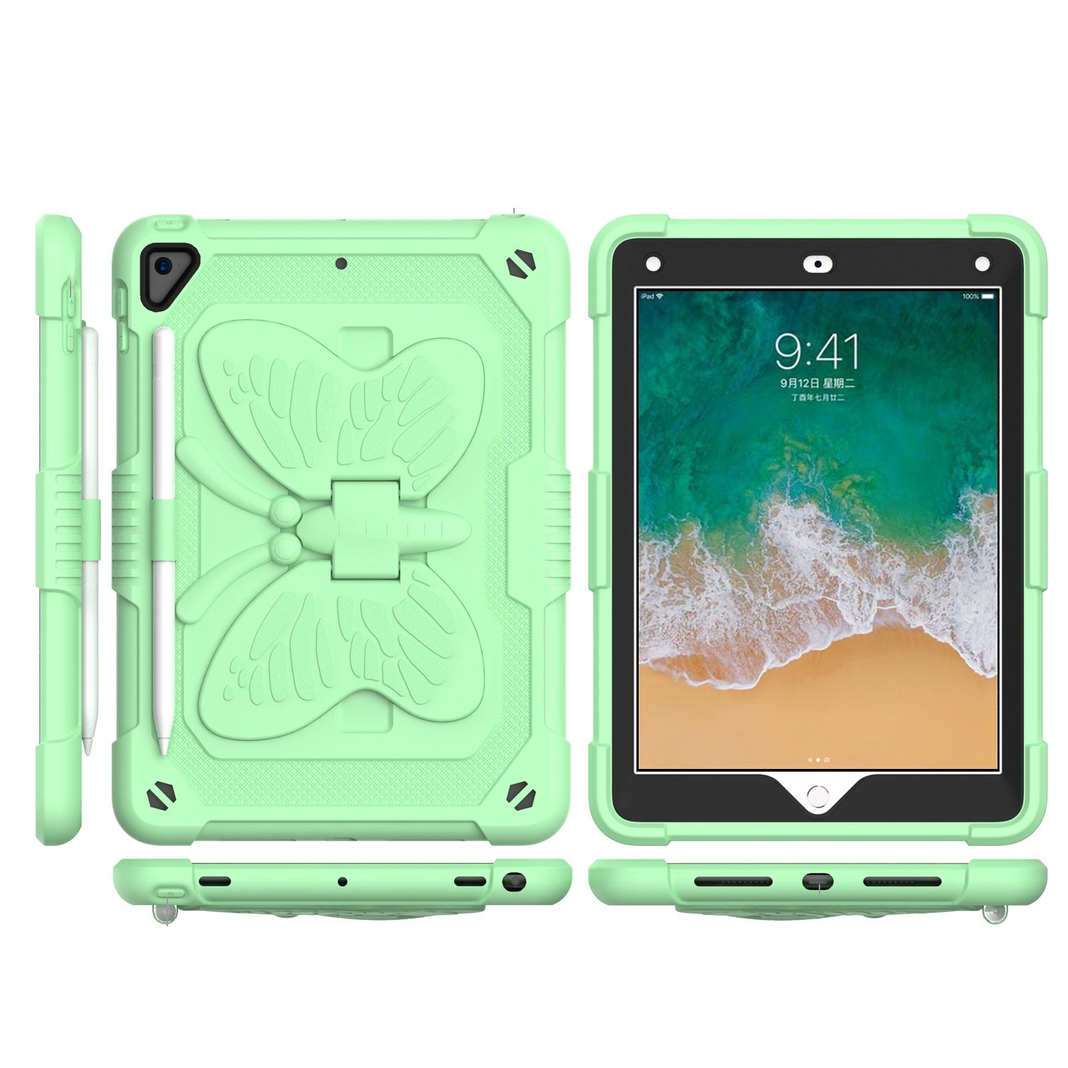 for apple new ipad 9.7 inch butterfly kickstand 3in1 tough hybrid case cover with shoulder strap light green