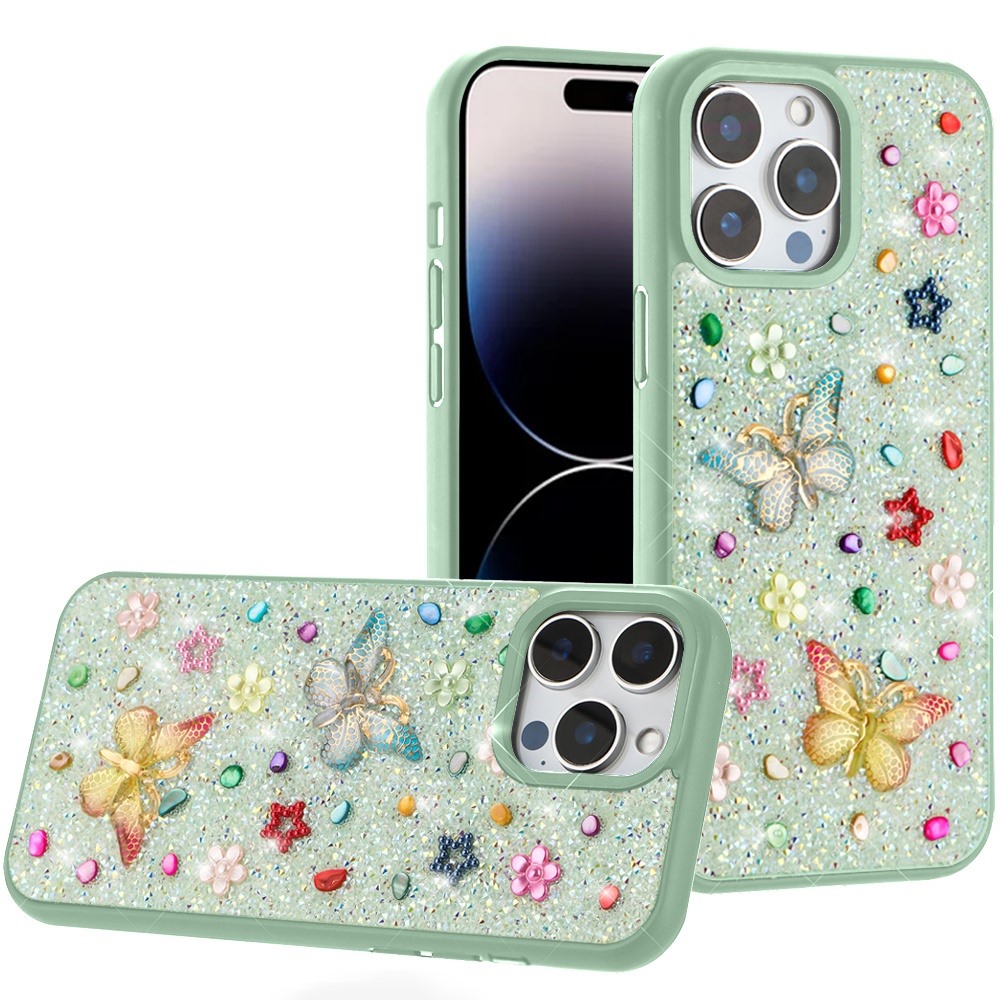 for iphone 14 pro max 6.7" butterfly ornaments diamond bling glitter hybrid case teal
