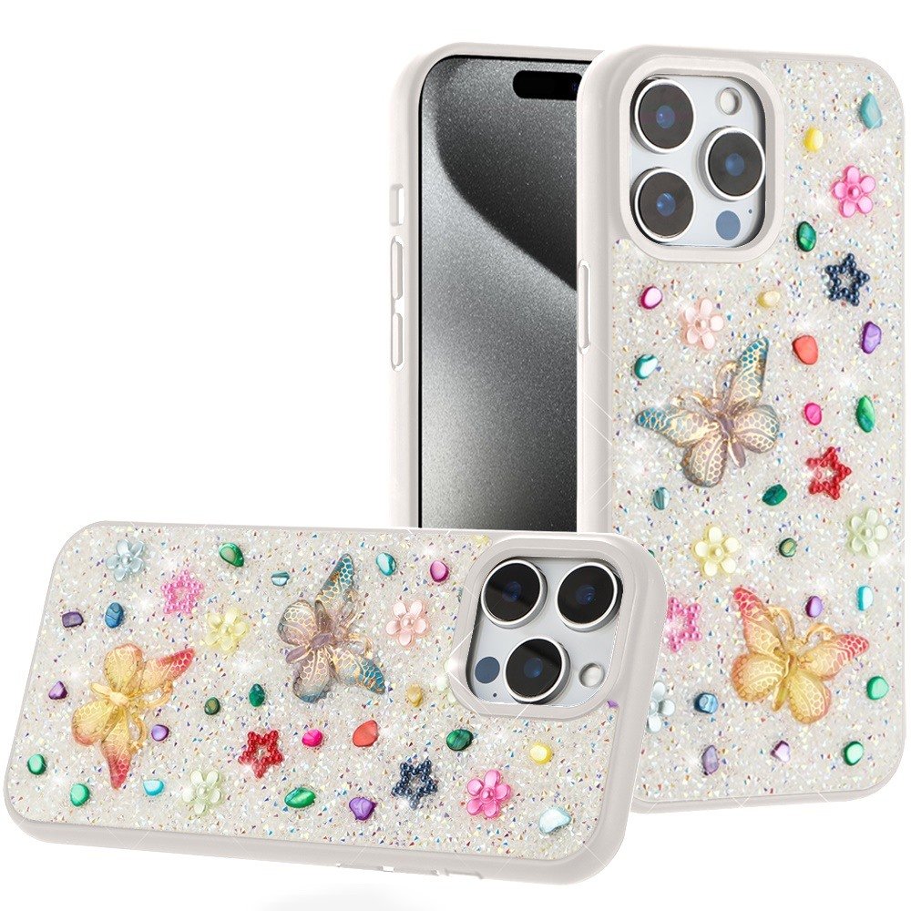 for ip15 pro max butterfly ornaments diamond bling glitter hybrid case white