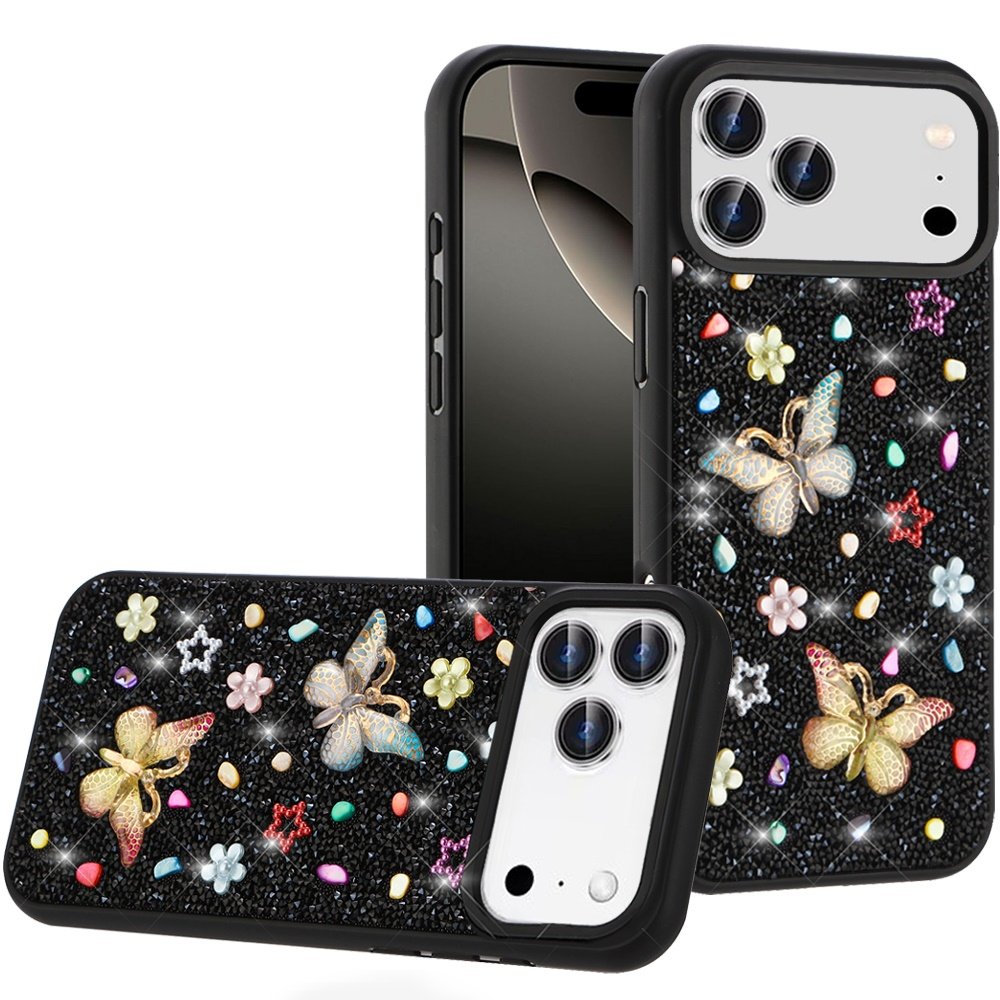 for iphone 17 pro max butterfly ornaments diamond bling glitter hybrid case black