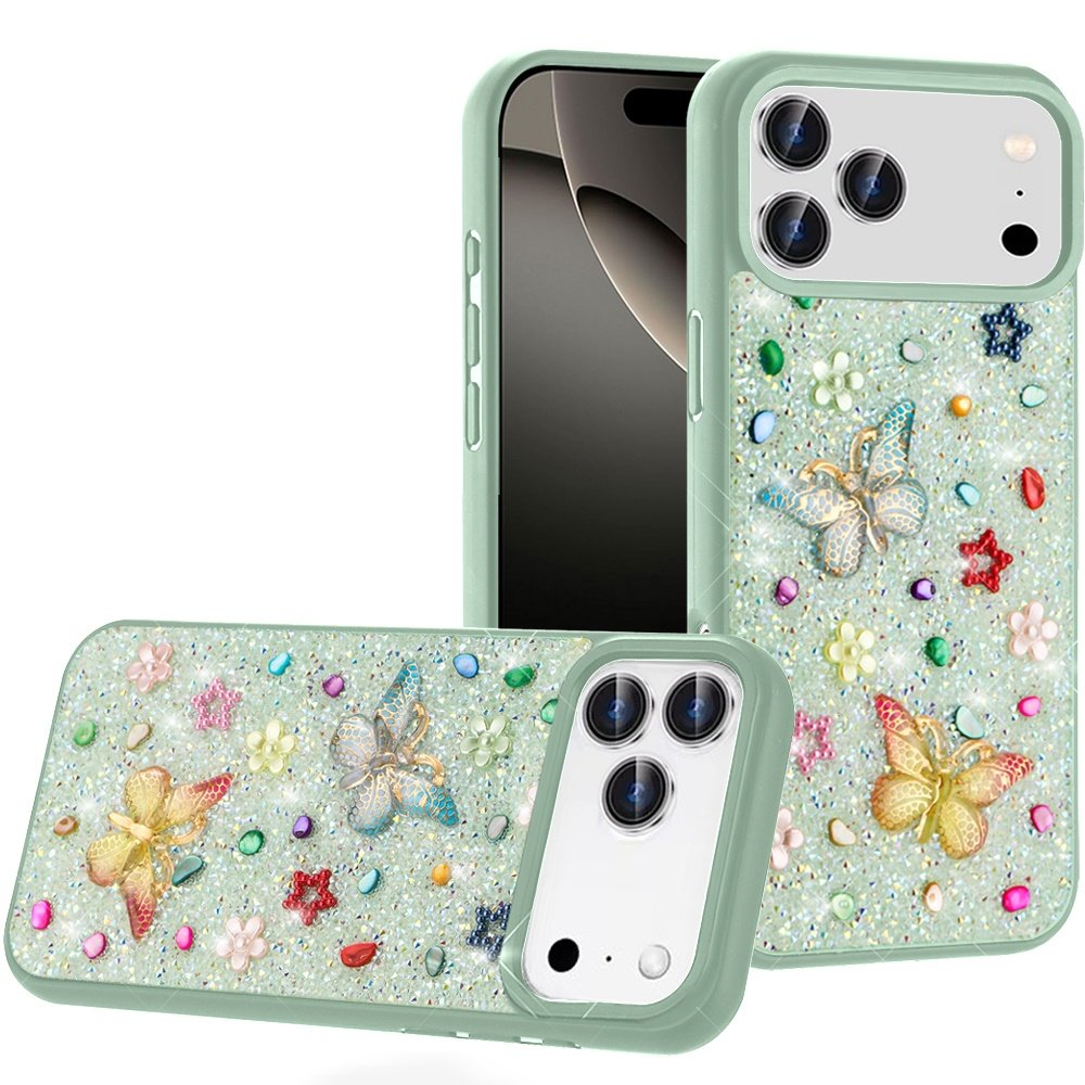 for iphone 17 pro max butterfly ornaments diamond bling glitter hybrid case teal