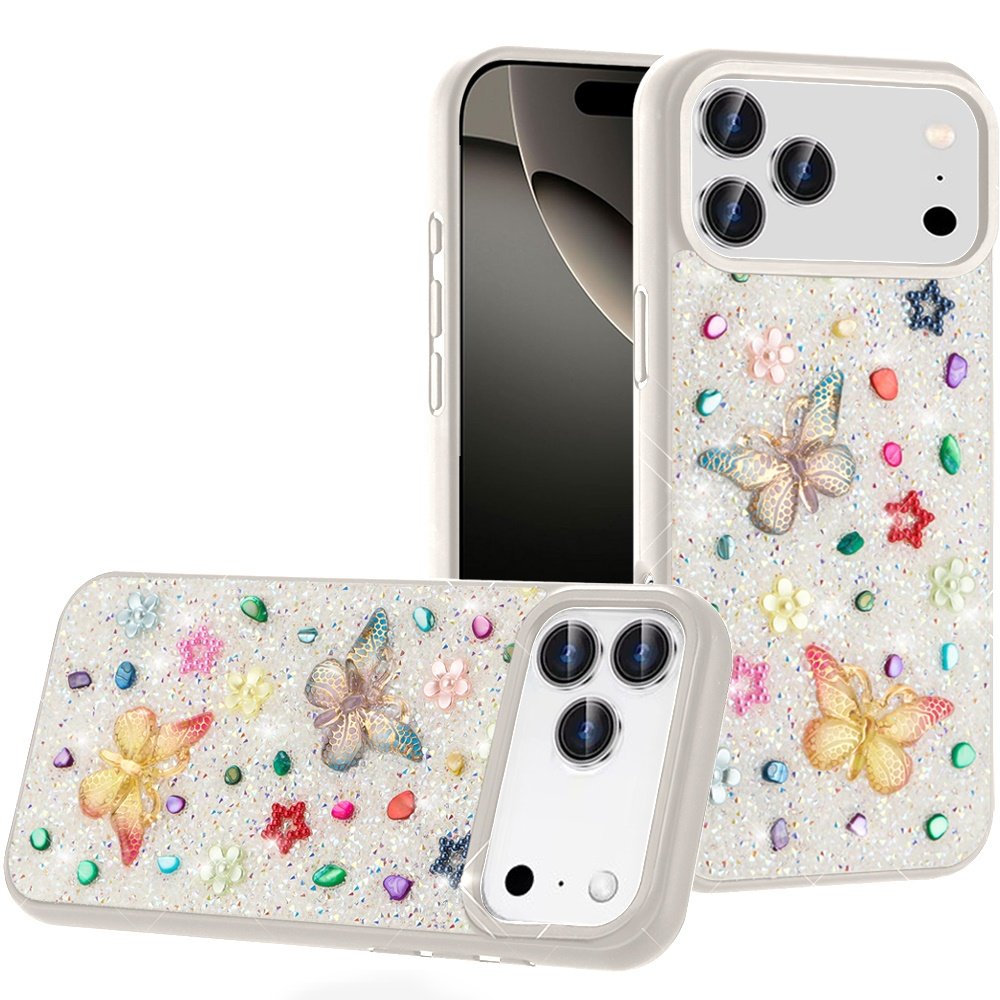 for iphone 17 pro max butterfly ornaments diamond bling glitter hybrid case white