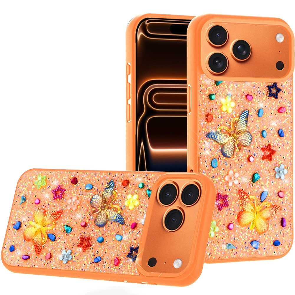 for iphone 17 pro butterfly ornaments diamond bling glitter hybrid case cosmic orange