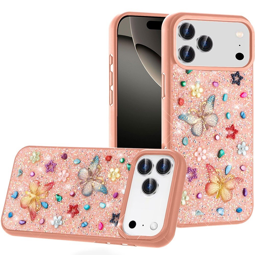 for iphone 17 pro butterfly ornaments diamond bling glitter hybrid case light pink