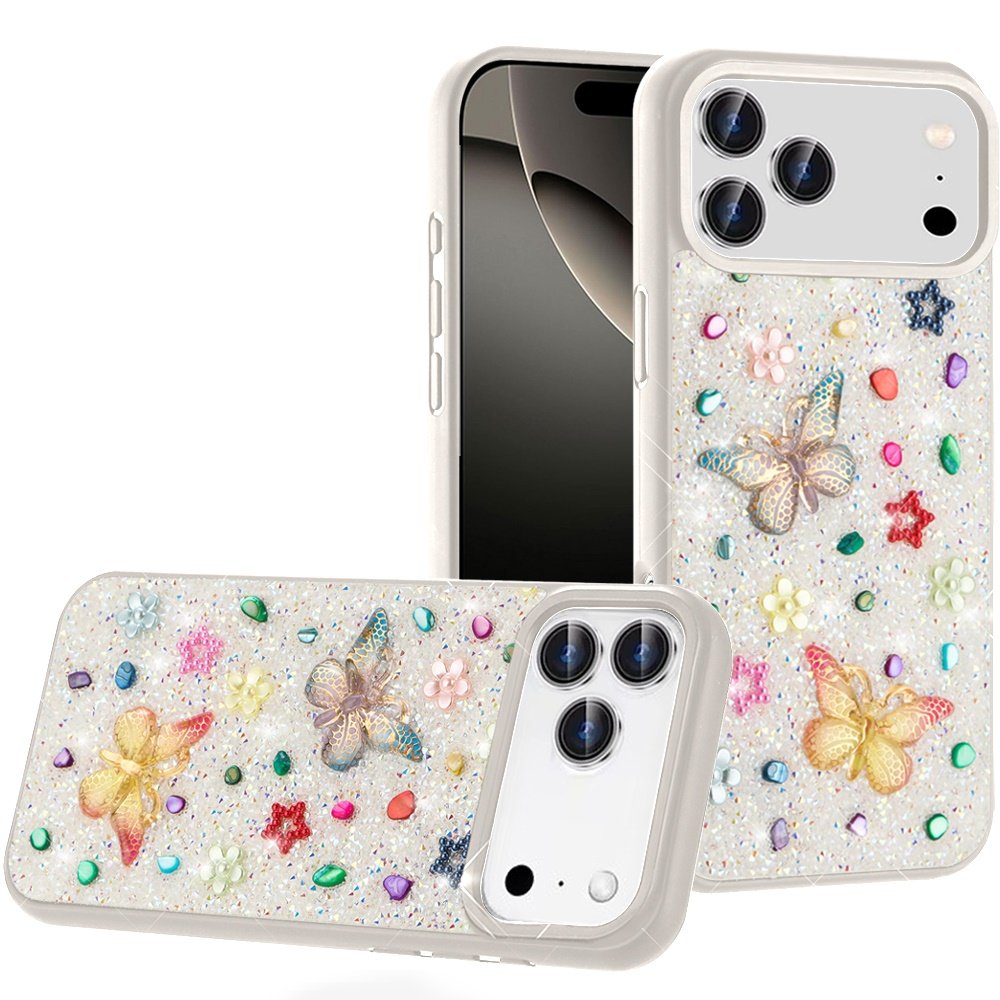 for iphone 17 pro butterfly ornaments diamond bling glitter hybrid case white