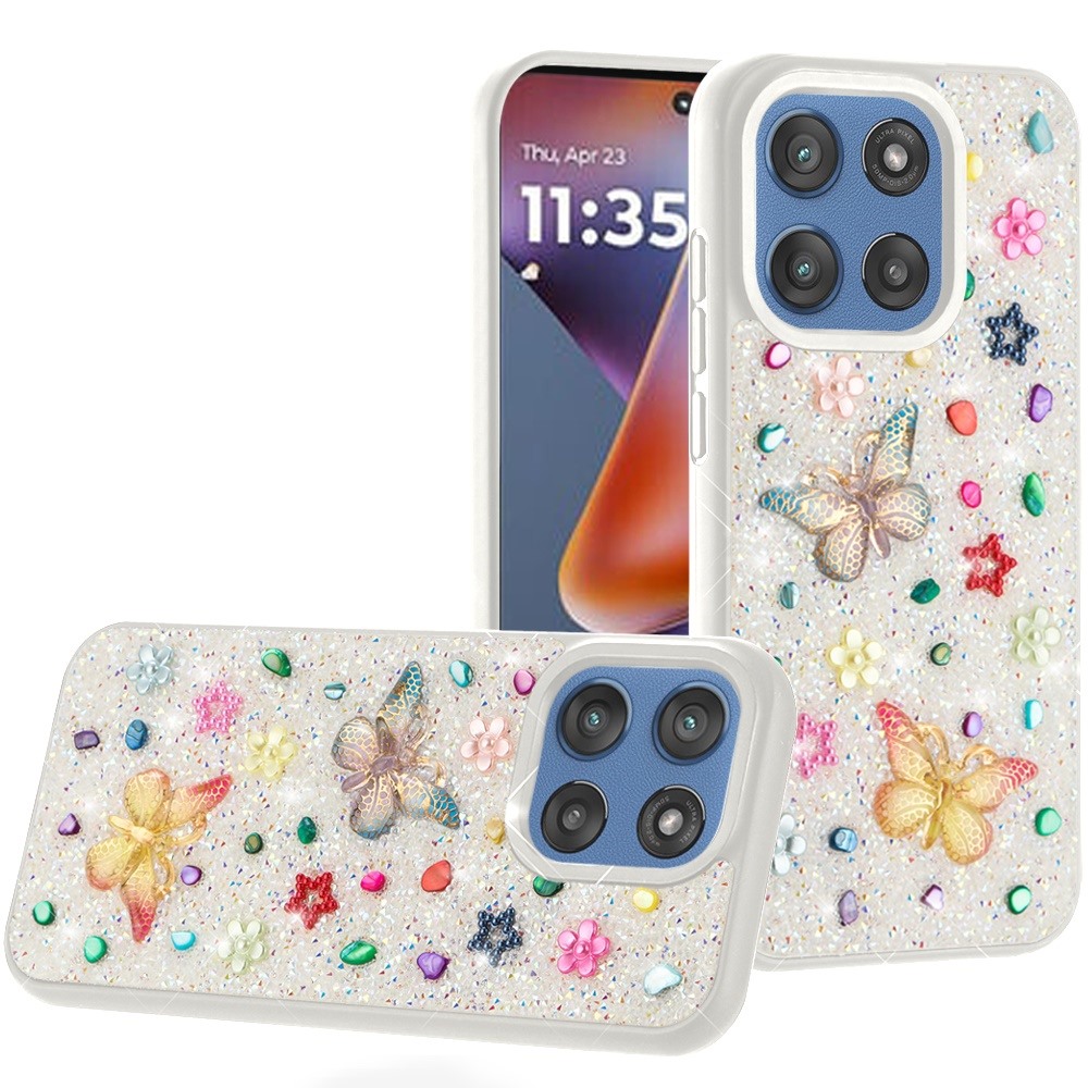 for moto g 5g 2025/2026 g play 2026 butterfly ornaments diamond bling glitter hybrid case white