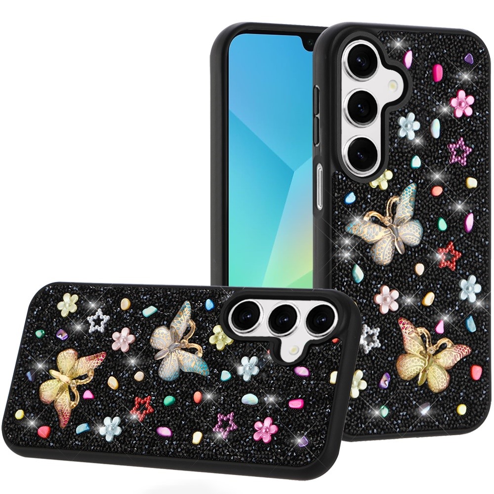 for samsung a16 5g butterfly ornaments diamond bling glitter hybrid case black