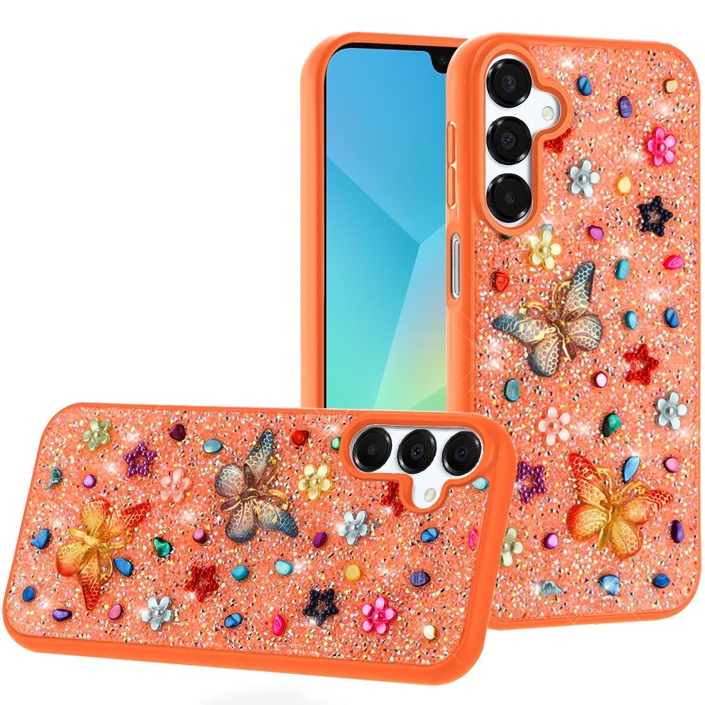 for samsung a16 5g butterfly ornaments diamond bling glitter hybrid case cosmic orange