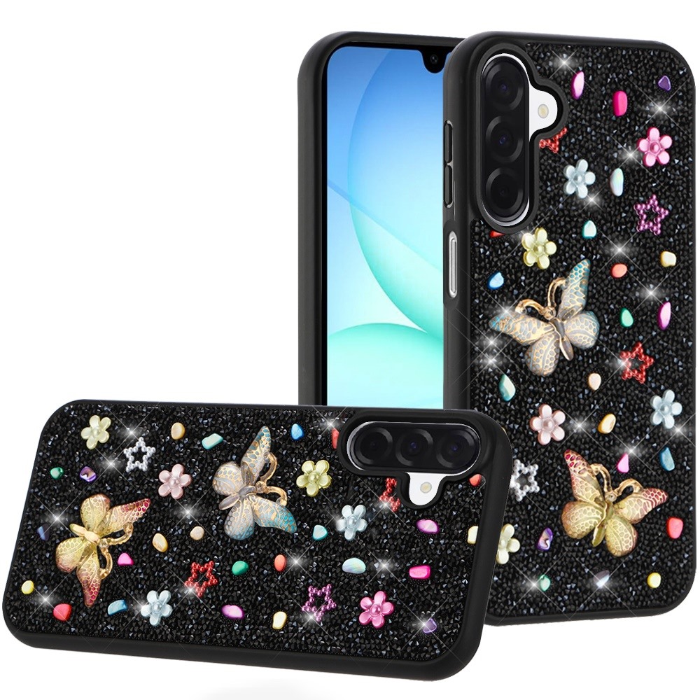 for samsung a17 5g butterfly ornaments diamond bling glitter hybrid case black