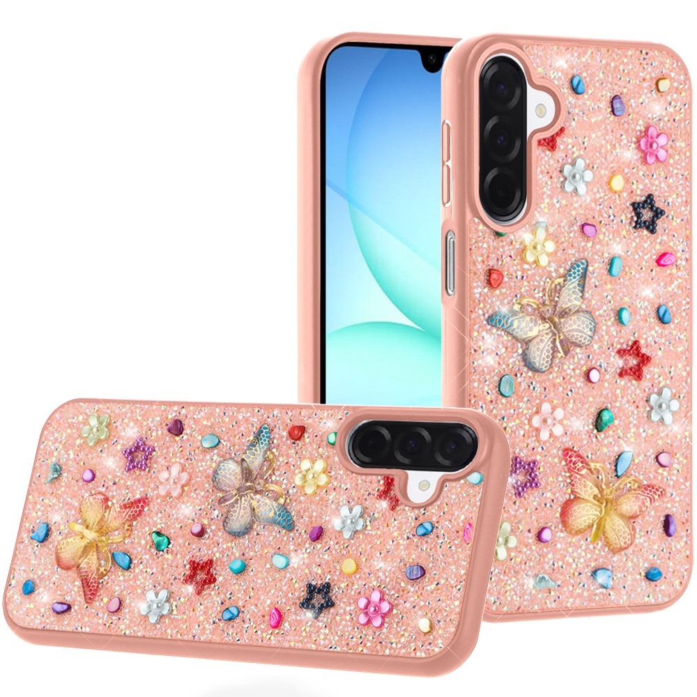 for samsung a17 5g butterfly ornaments diamond bling glitter hybrid case light pink