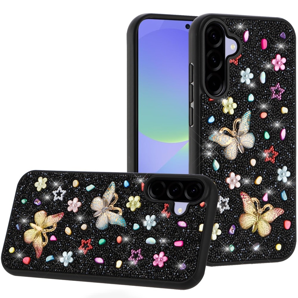 for samsung galaxy a36 / a56 butterfly ornaments diamond bling glitter hybrid case black