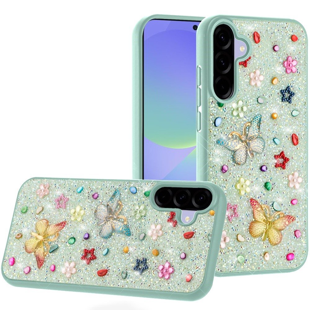 for samsung galaxy a36 / a56 butterfly ornaments diamond bling glitter hybrid case teal