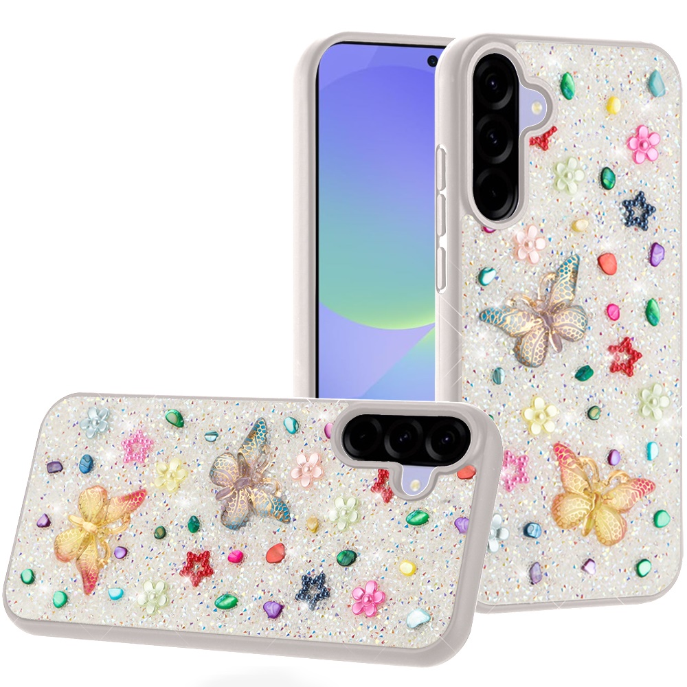 for samsung galaxy a36 / a56 butterfly ornaments diamond bling glitter hybrid case white