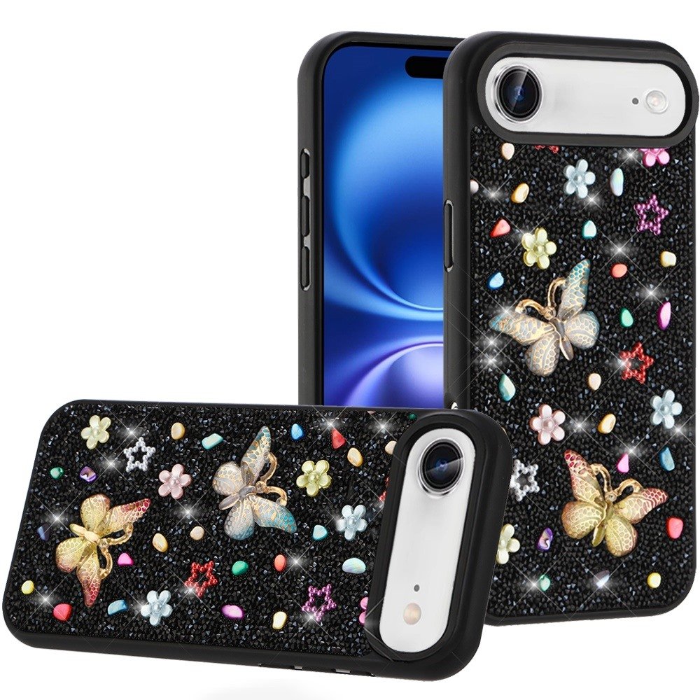 for iphone 17 air butterfly ornaments diamond bling glitter hybrid case black