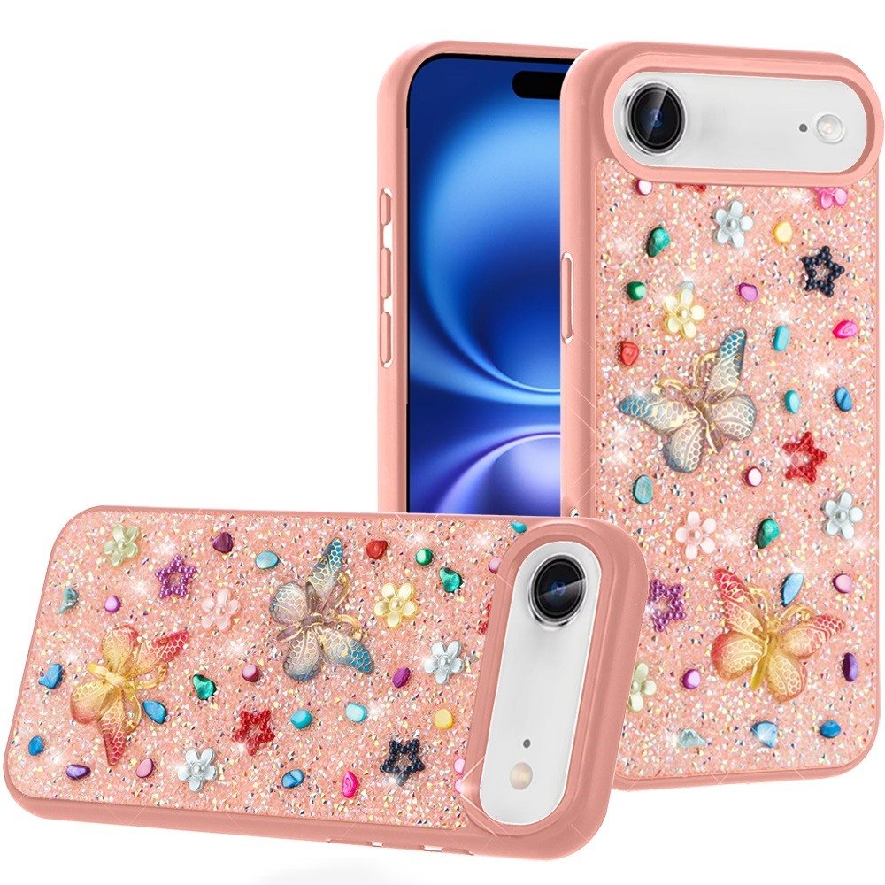 for iphone 17 air butterfly ornaments diamond bling glitter hybrid case light pink