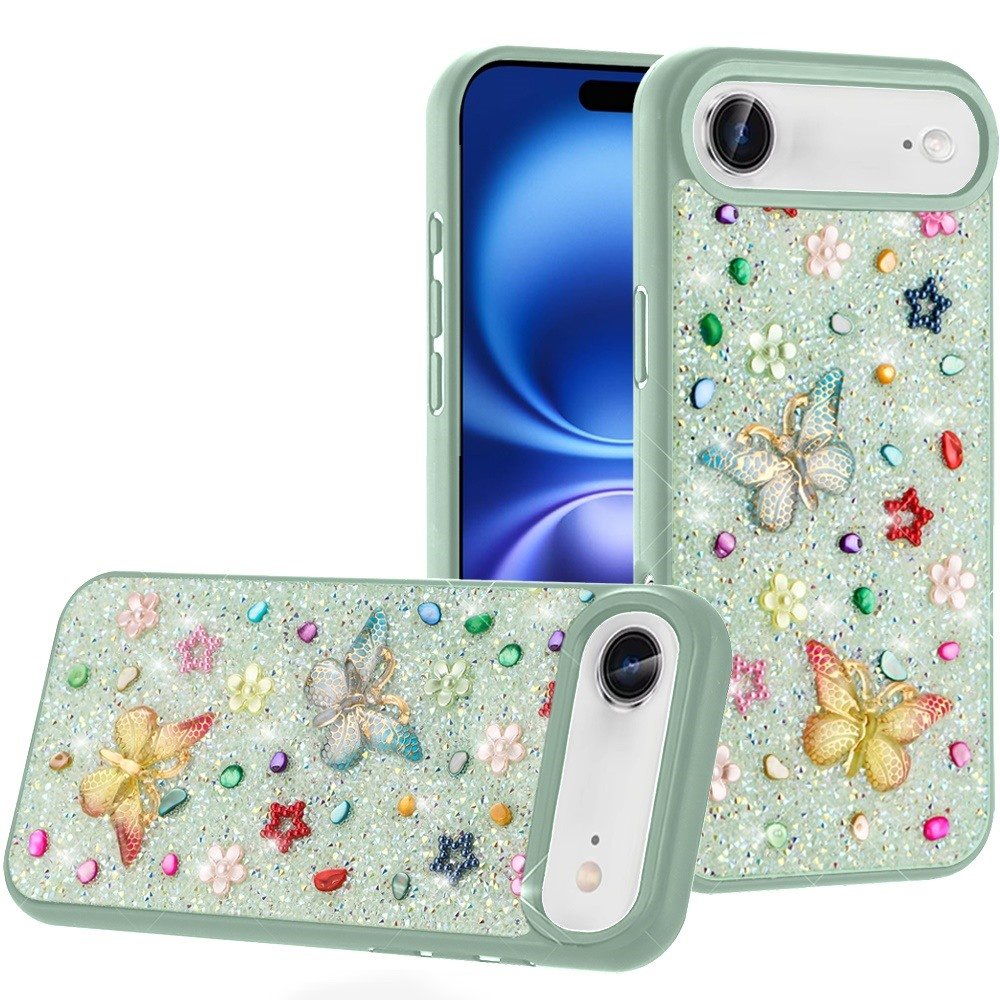 for iphone 17 air butterfly ornaments diamond bling glitter hybrid case teal