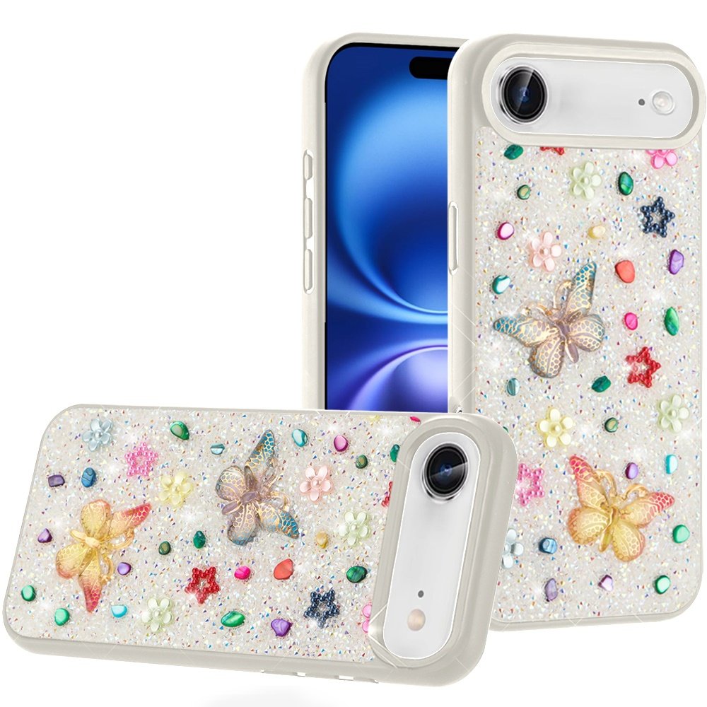 for iphone 17 air butterfly ornaments diamond bling glitter hybrid case white
