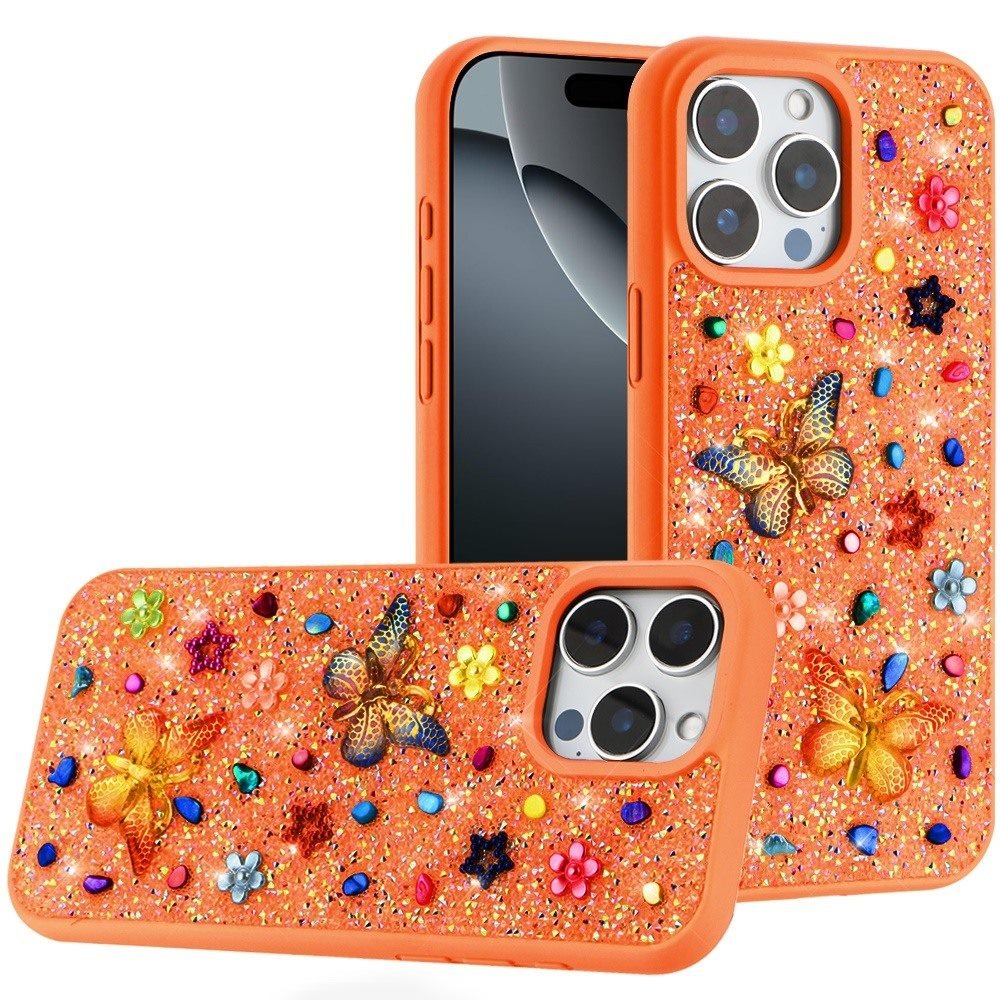 for iphone 16 pro max 6.9 inch butterfly ornaments diamond bling glitter hybrid case cosmic orange