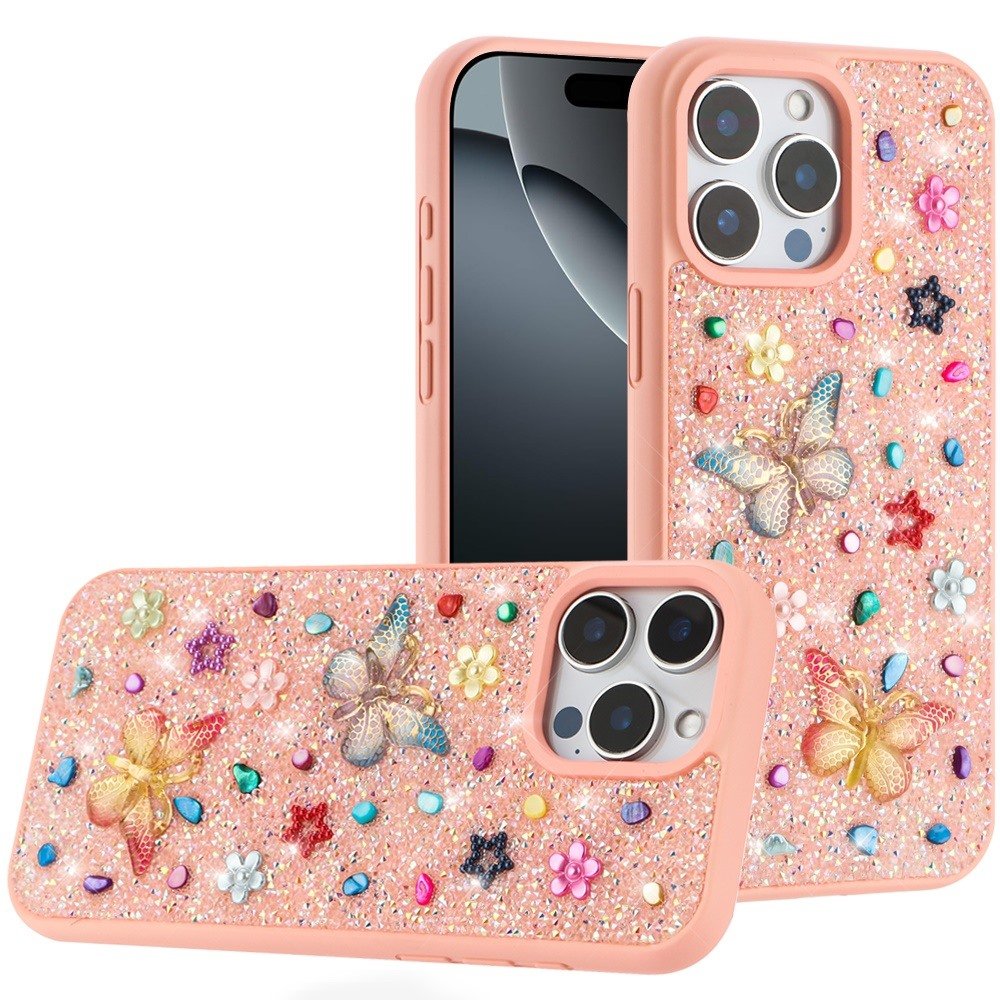 for iphone 16 pro max 6.9 inch butterfly ornaments diamond bling glitter hybrid case light pink