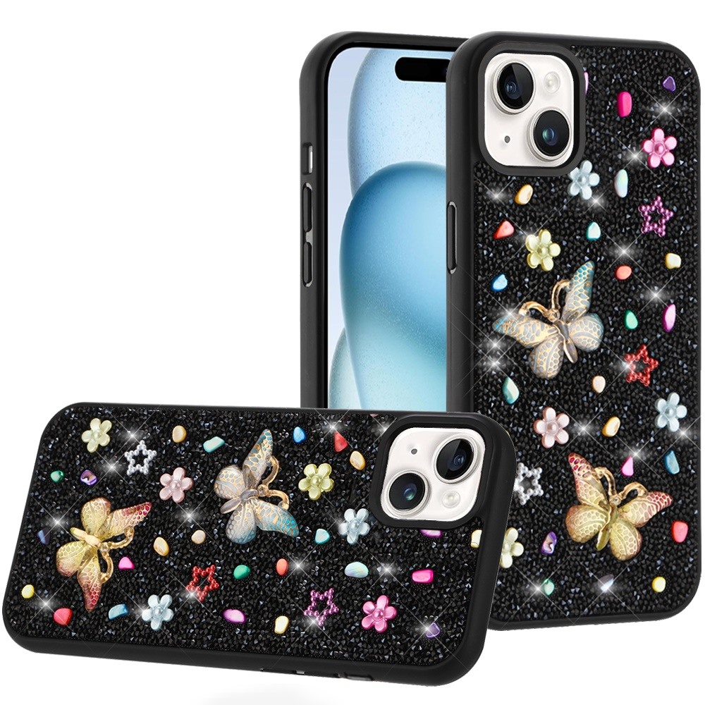 for iphone 15 plus/iphone 14 plus butterfly ornaments diamond bling glitter hybrid case black